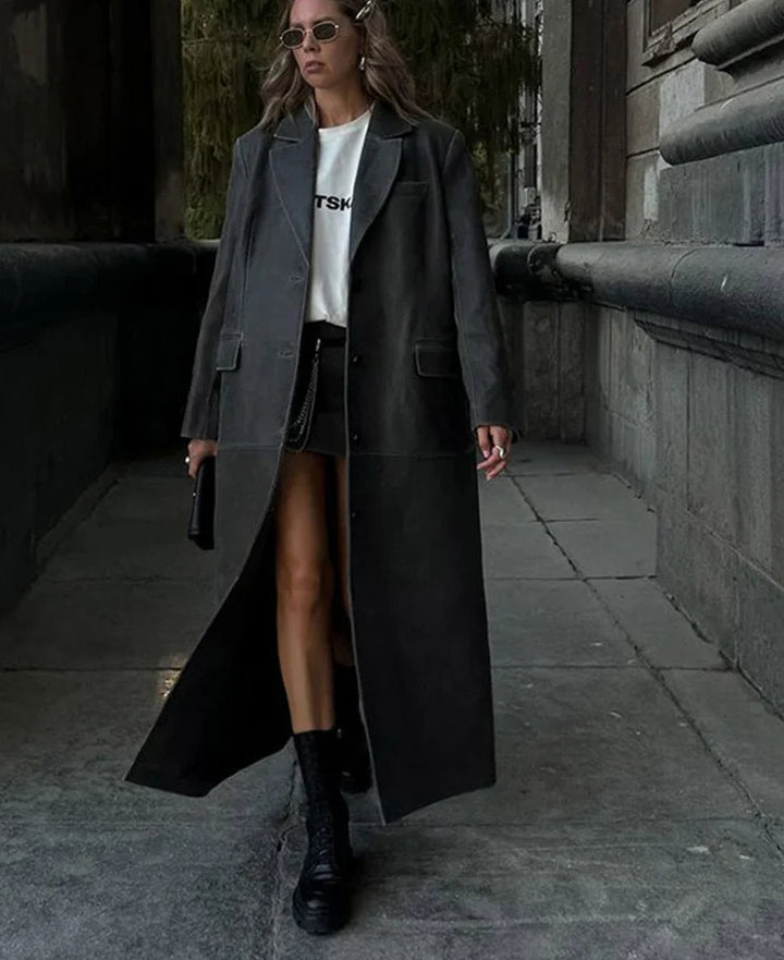 Solid Leather Lapel Single-Breasted Overcoat