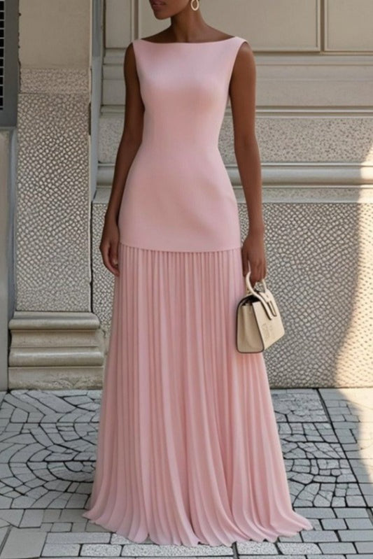 Boat Neck Sleeveless Dropped Waist Pleated Maxi Dress in White - View 3