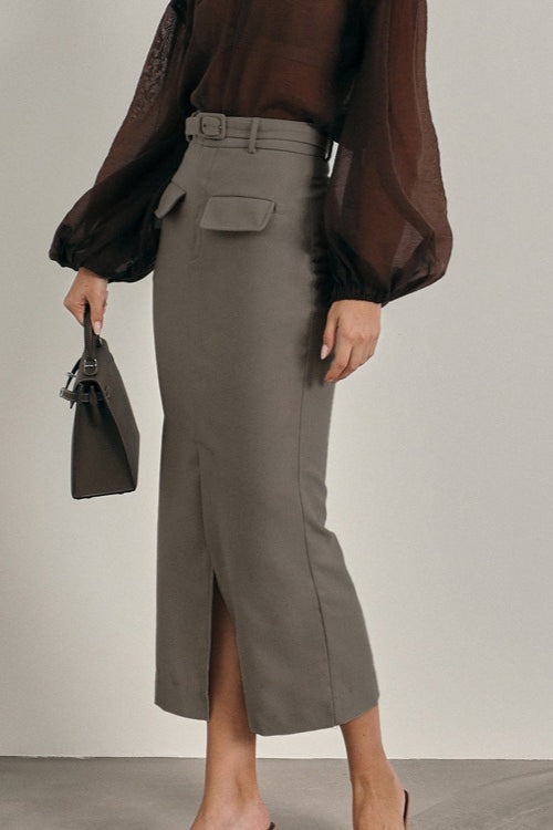 High Waist Front Slit Bodycon Midi Skirt