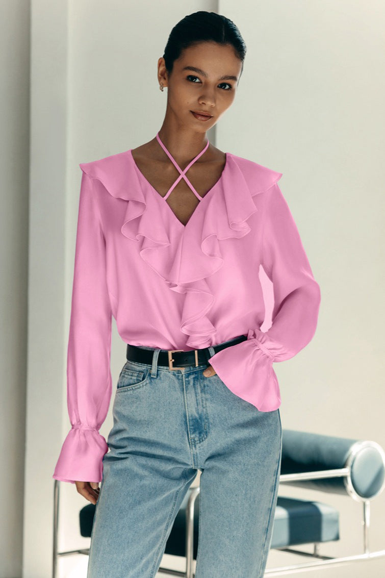 Ruffle Trim V Neck Blouse