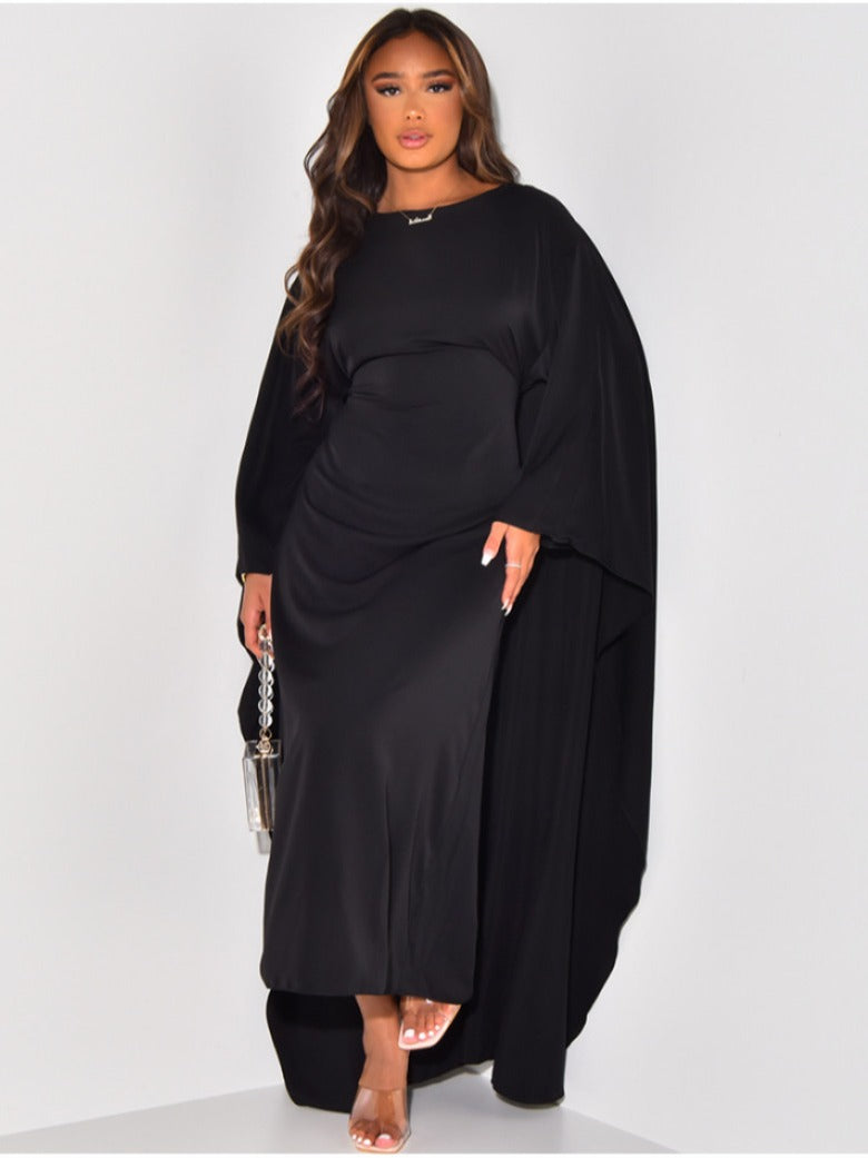 Pleated Satin Wide Sleeve High Neck Loose Kaftan Maxi Gown - View 2