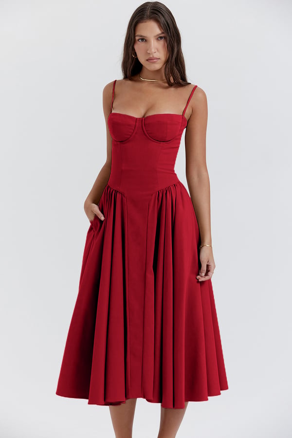 Spaghetti Strap Corset Bodice Pleated Fit and Flare Midi Dress - View 15