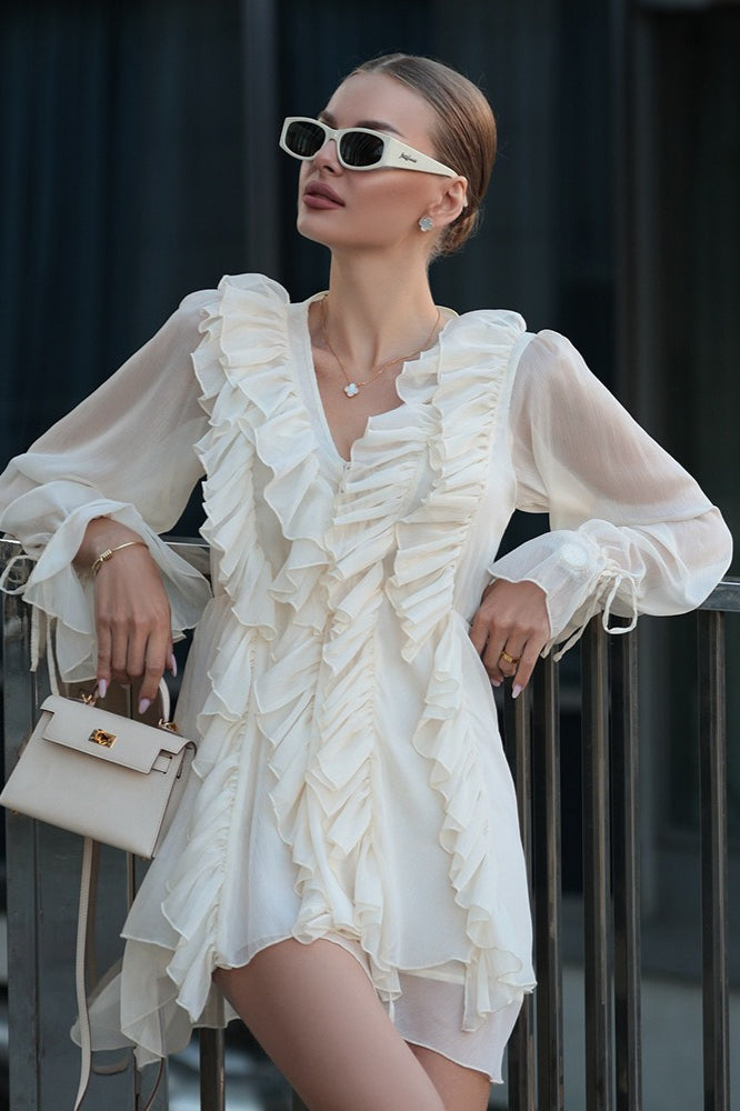 Chiffon Lantern Sleeve Tie Midi Dress