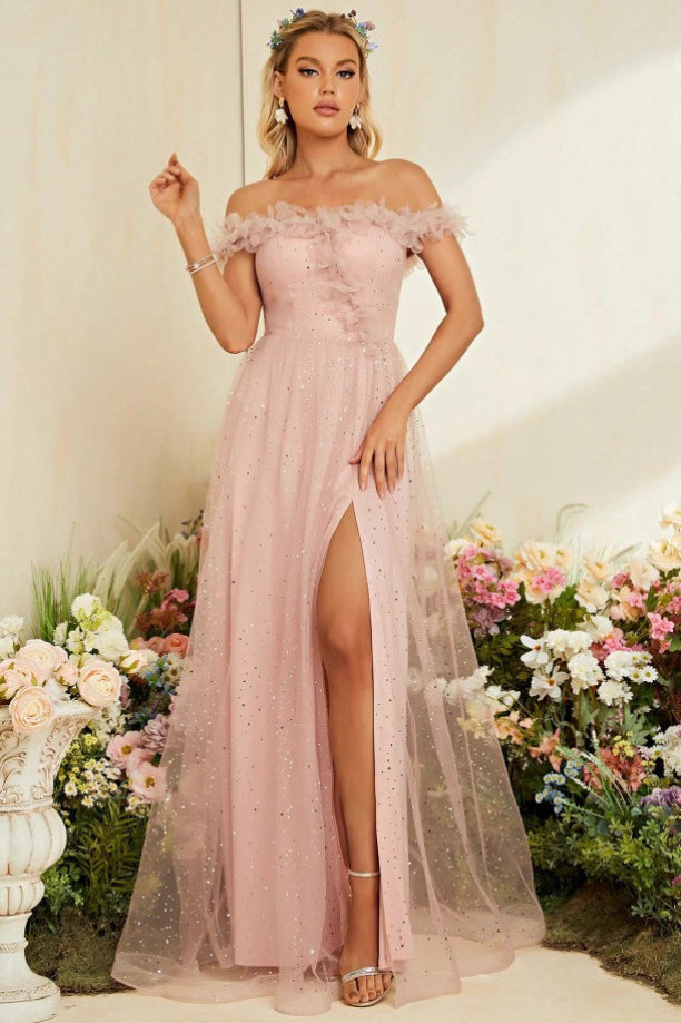 Off Shoulder Feather Trim Glitter Tulle High Split Maxi Dress
