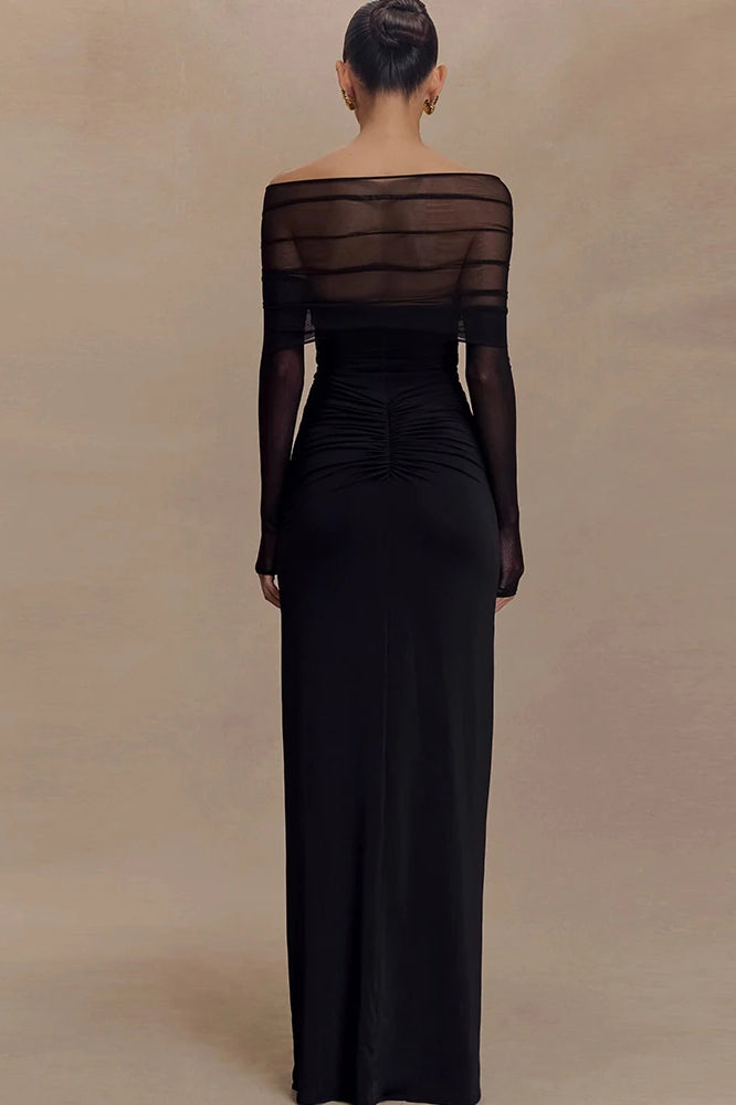 Mesh Patchwork See Through Full Sleeve Slash Neck Maxi Dress - View 6