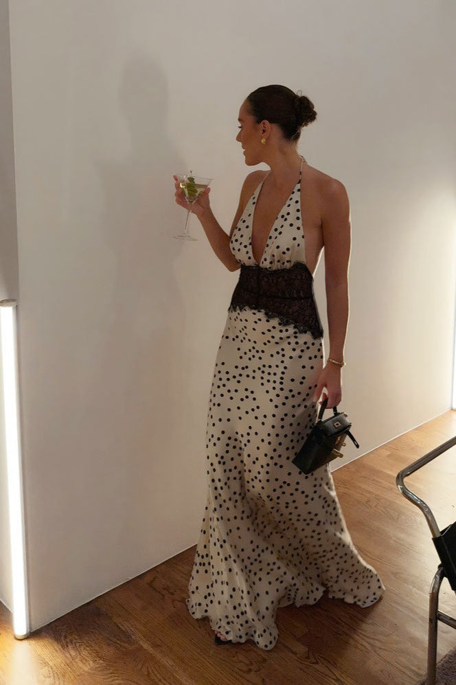 Halter Neck Polka Dot Lace Waist Slip Maxi Dress - View 5