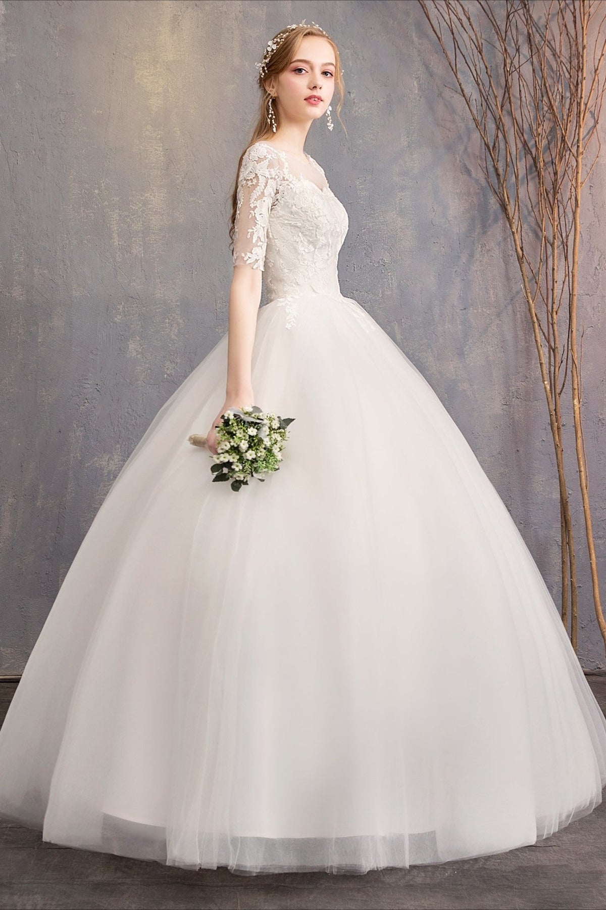 Illusion Neckline Half Sleeve Lace Bodice Tulle Ball Gown 3