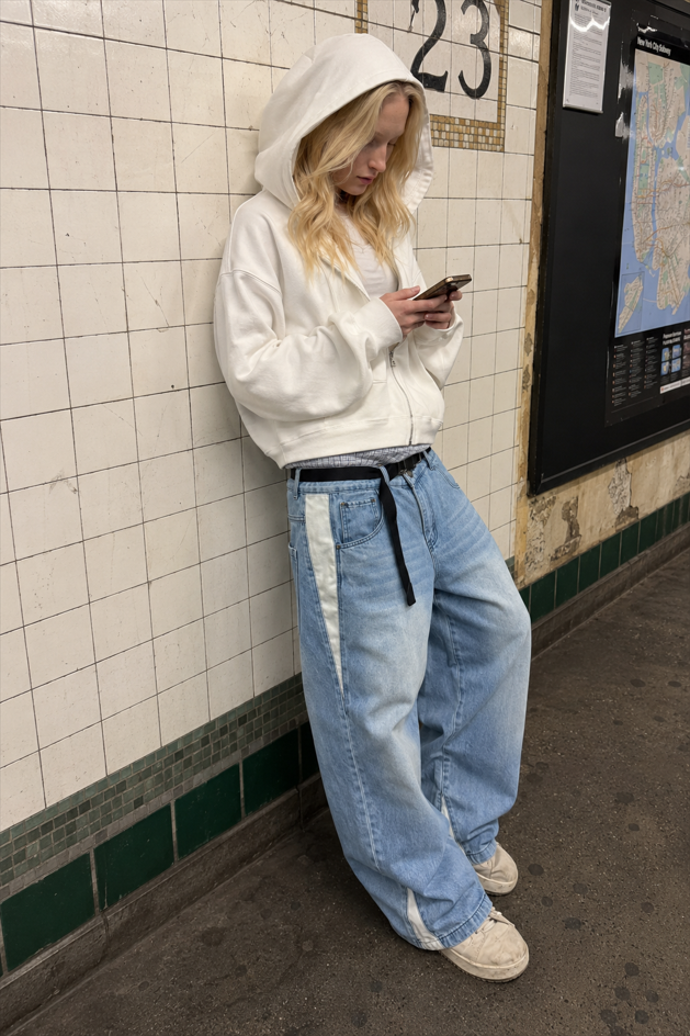 Vintage Washed Patchwork Wide-Leg Denim Jeans