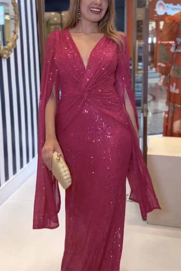 Sequin Deep V-Neck Cape Sleeve Twist Waist Maxi Dress - View 2