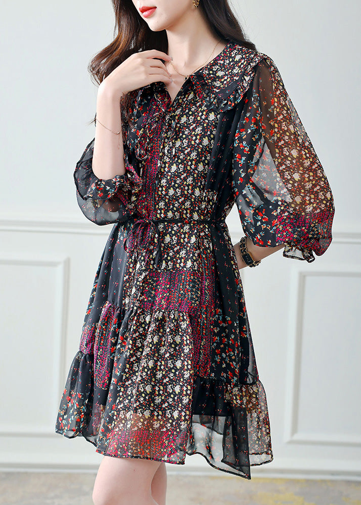 Chiffon Ruffle Trim V-Neck Long Sleeve Tiered Floral Mini Dress - View 2