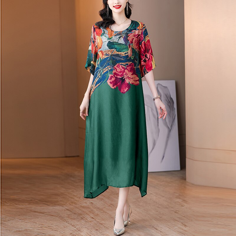 Floral Print Color Block Short Sleeve Loose Midi Dress - View 4