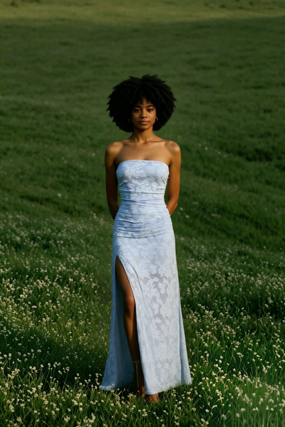 Strapless Lace High Split Column Maxi Dress
