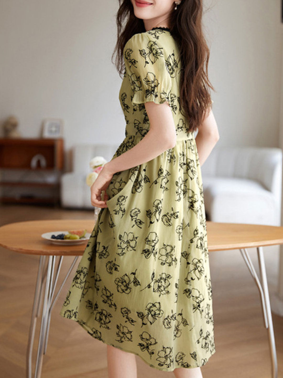 Floral Rose Print V-Neck Lace Trim Short Sleeve Midi Dress - View 5