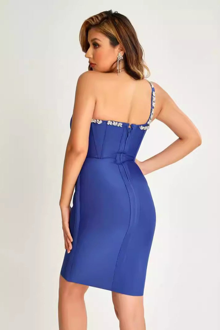 Rhinestone One Shoulder Sweetheart Corset Bandage Cocktail Midi Dress - View 5