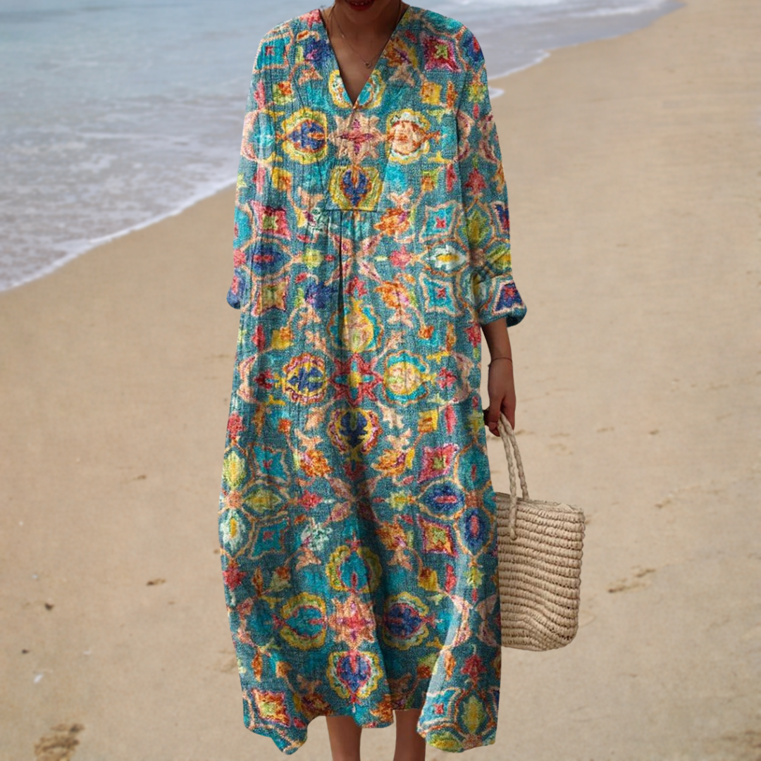 Bohemian Print V-Neck Long Sleeve Pocket Kaftan Maxi Dress Summer