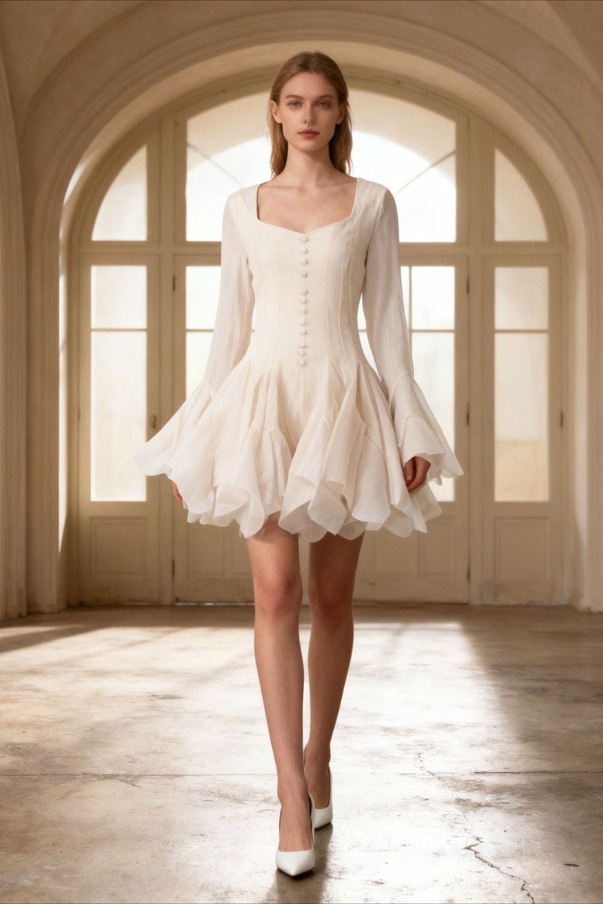 Square Neck Long Sleeve Button Front Fit and Flare Mini Dress - View 2