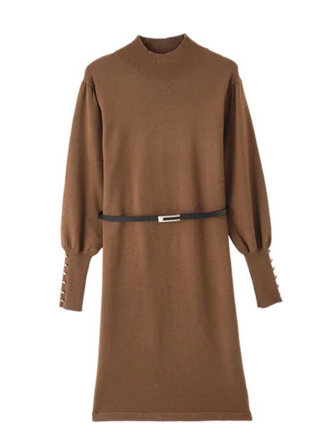 Knit Mock Neck Puff Sleeve Button Cuff Midi Dress - View 5
