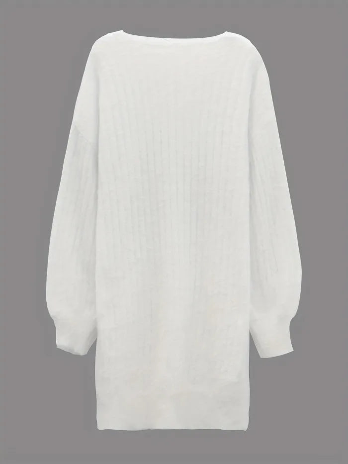 Eyelash Rib Knit V-Neck Long Bell Sleeve Mini Sweater Dress - View 4