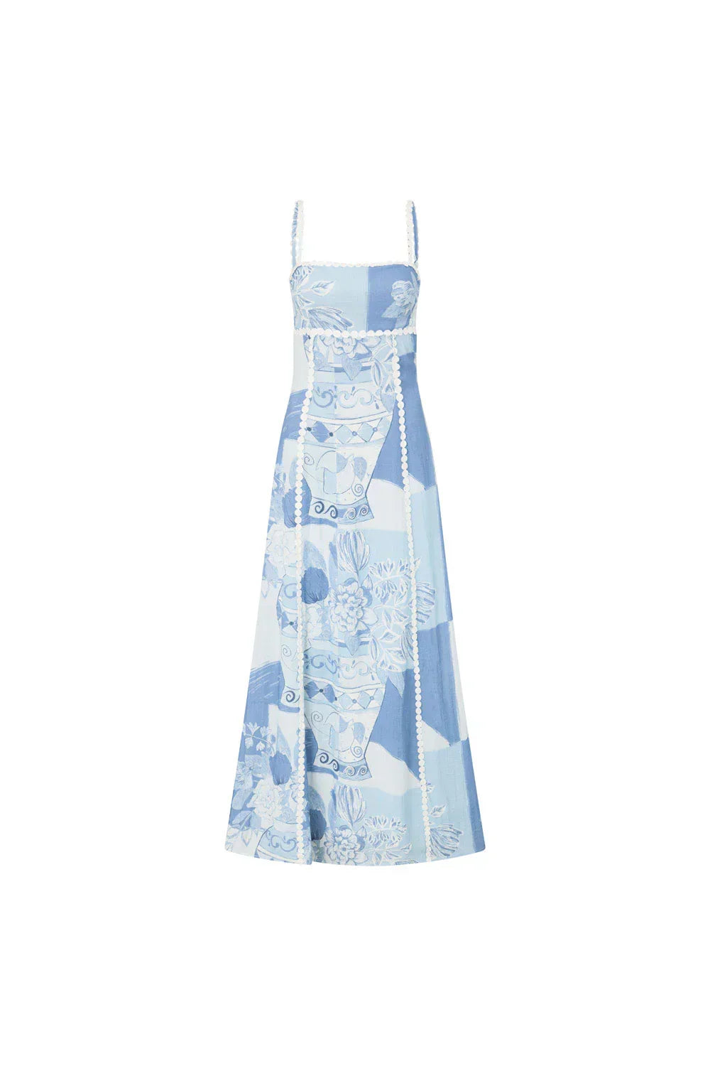 Square Neck Lace Trim Vase Print Spaghetti Strap Maxi Dress - View 6