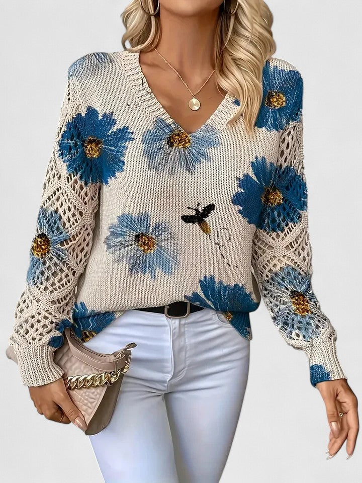 Floral Print V-Neck Crochet Sleeve Long Sleeve Sweater