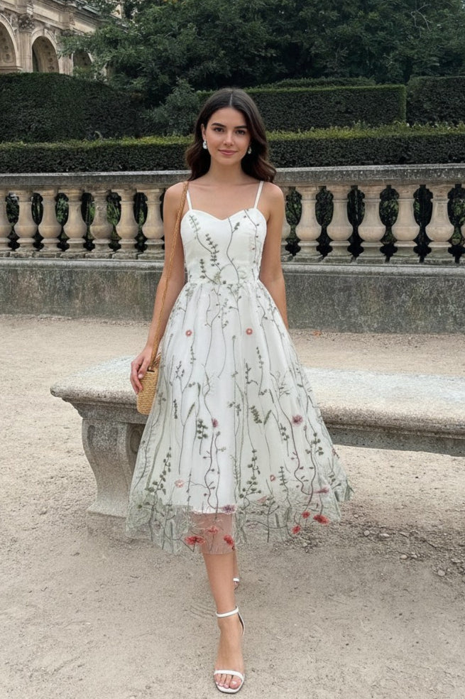 Floral Embroidered Tulle Sweetheart Spaghetti Strap Midi Dress