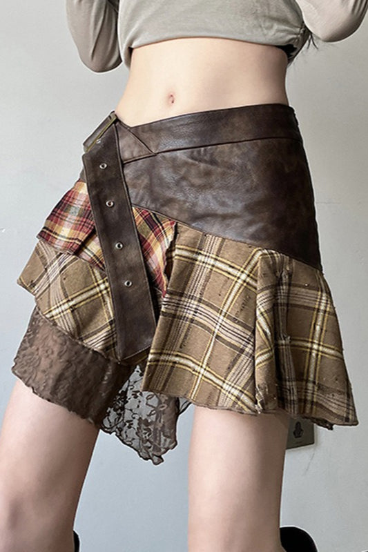 Plaid Lace Patchwork Belted Skirt