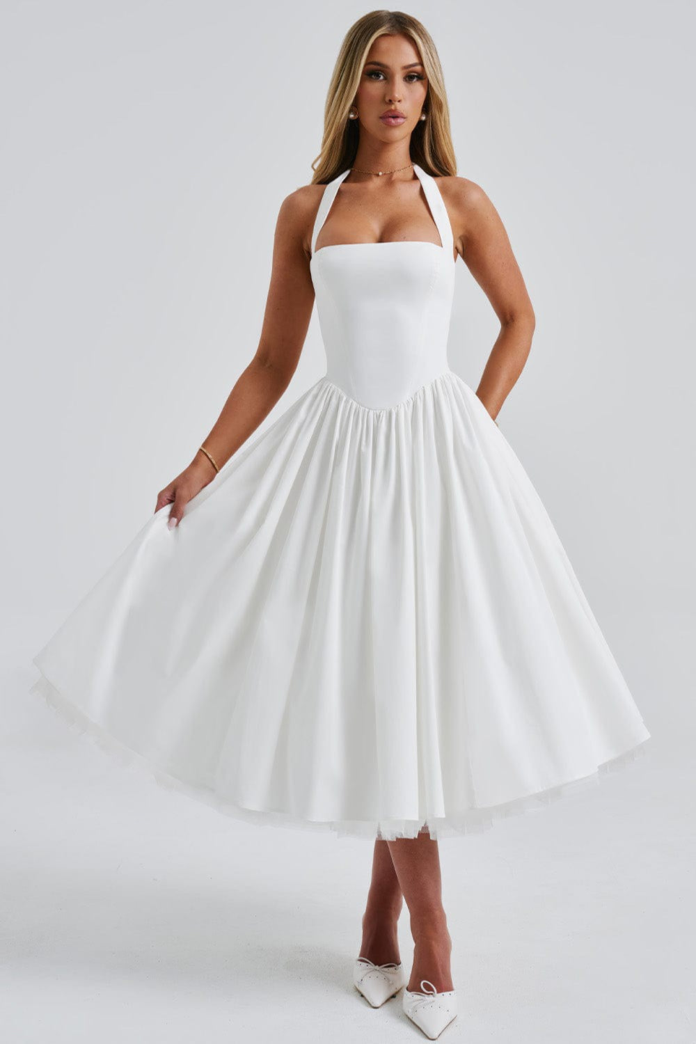 Halter Neck Basque Waist Pocket Gathered A-Line Midi Party Dress