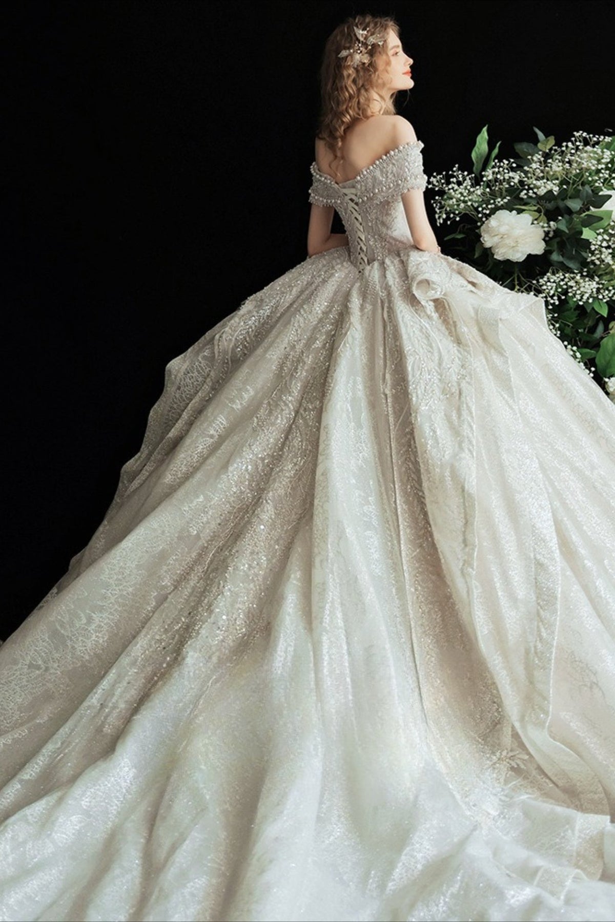 Lace Off Shoulder Sweetheart Pearl Beaded Structured Ball Gown - View 3
