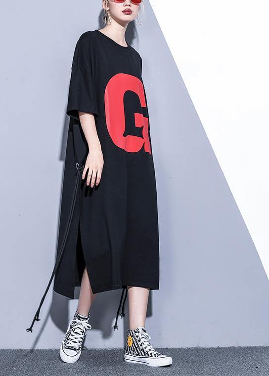 Graphic Letter Crew Neck Short Sleeve Side Slit Midi Dress - View 2