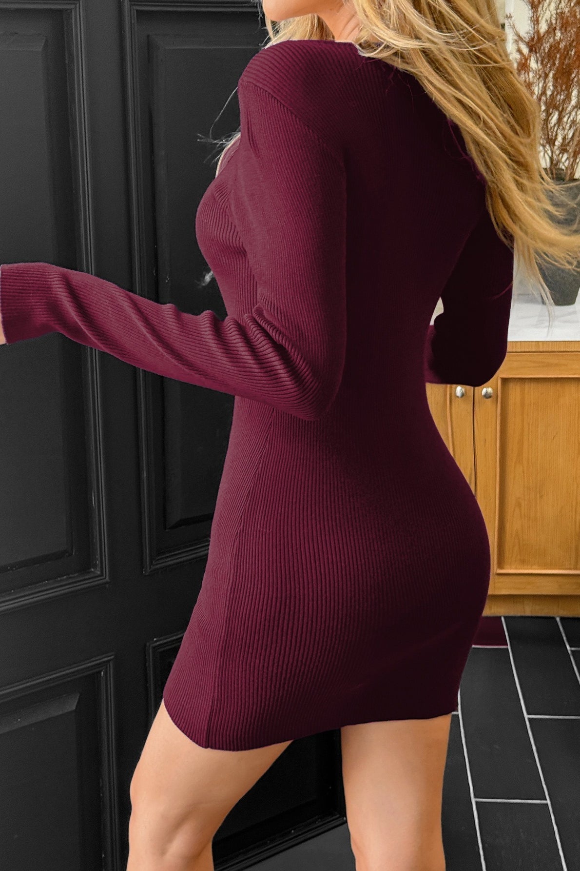 Round Neck Button Front Ribbed Knit Long Sleeve Bodycon Mini Dress 7