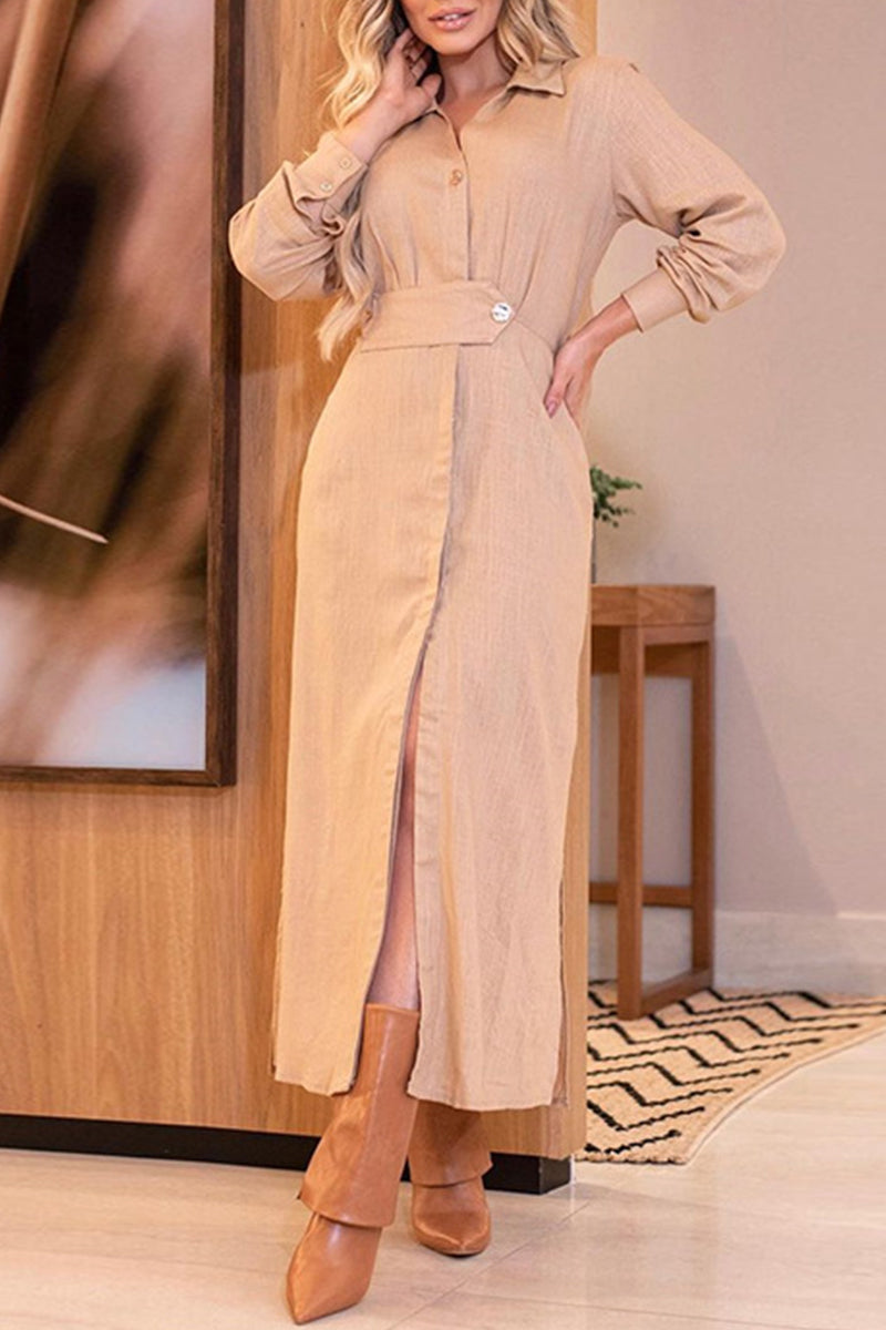 Collared Button Front Waistband High Split Long Sleeve Maxi Dress - View 2