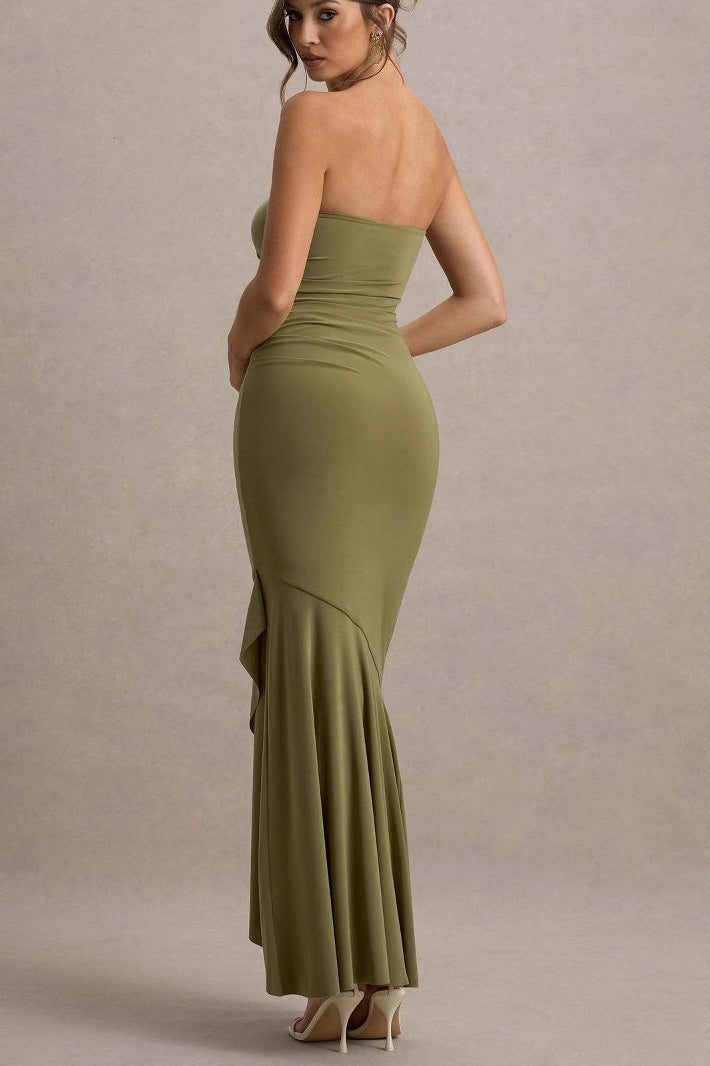 Strapless Ruched Asymmetric Ruffle Hem Bodycon Maxi Gown - View 4