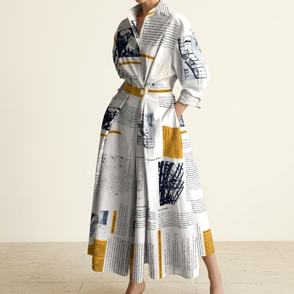 Newspaper Print Collared Long Sleeve Belted Pleated Maxi Shirt Dress