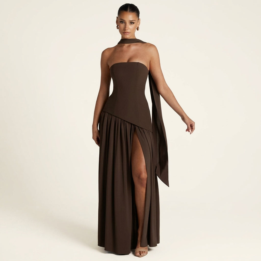 Strapless Corset Draped Sash High Split Maxi Gown