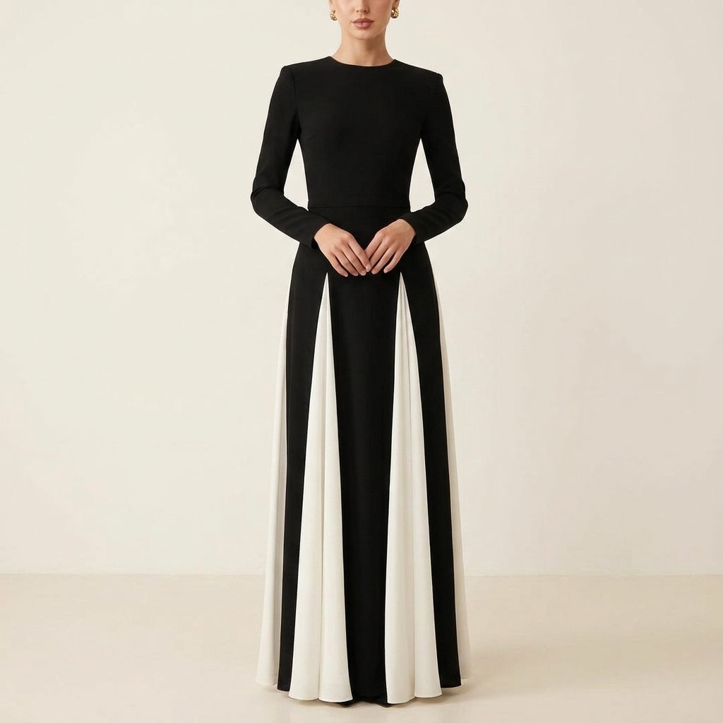 Crew Neck Long Sleeve Contrast Panel Fit and Flare Maxi Gown