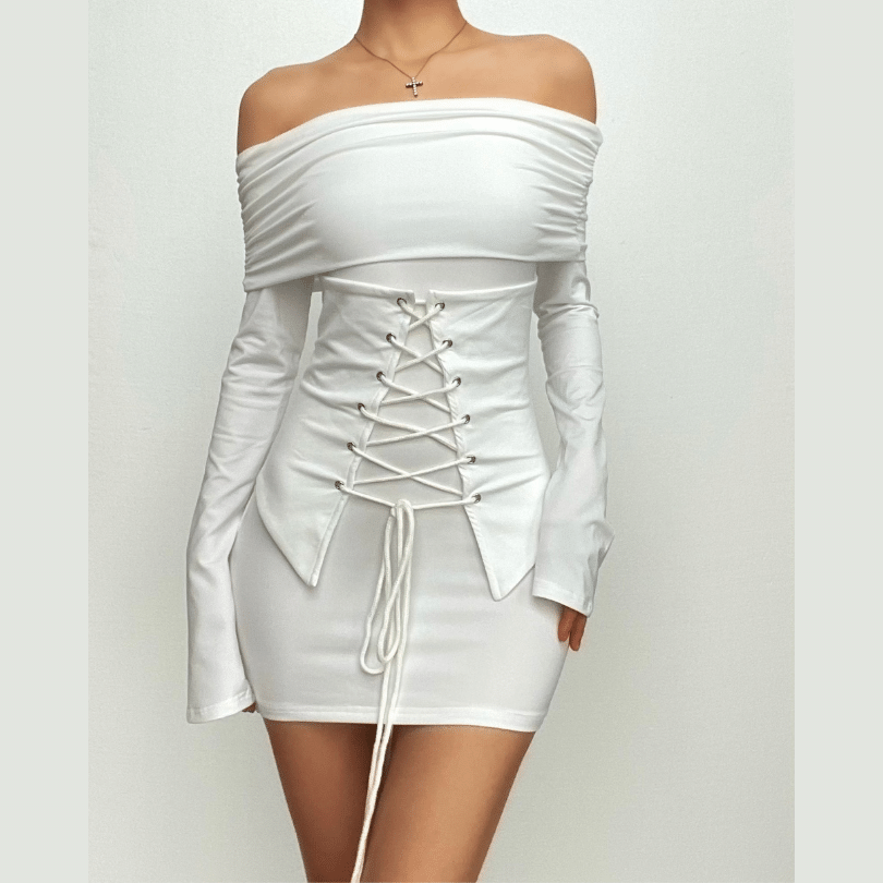 Lace up long sleeve off shoulder ruched solid mini dress