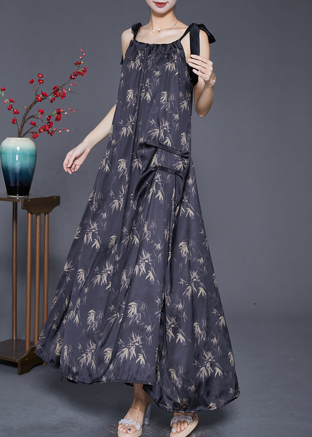 Bamboo Leaf Print Gathered Neck Bow Tie Strap Pocket Maxi Dress - View 2