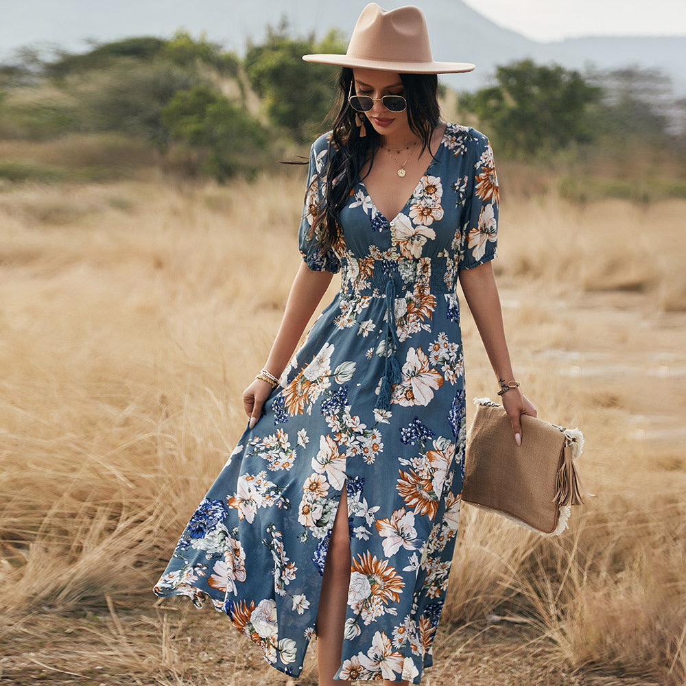V-Neck Button Front Smocked Drawstring Waist Maxi Dress - View 3