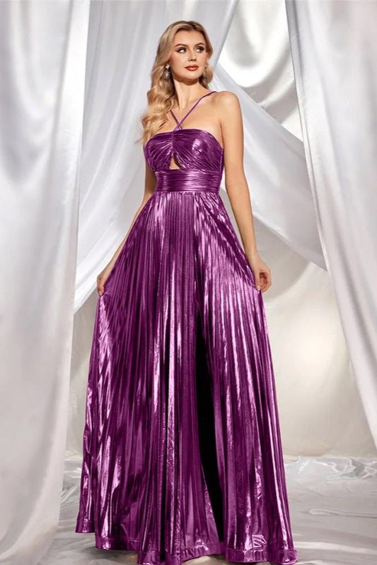 Pleated Cut Out High Split A-Line Maxi Gown - View 3