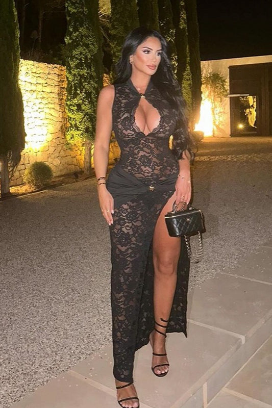 Lace Halter Keyhole Cut Out High Split Maxi Dress 4
