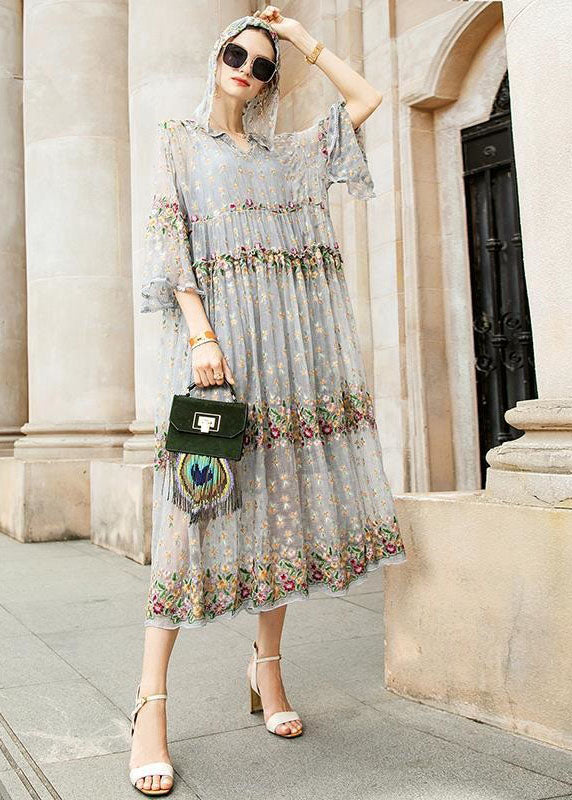 V-Neck Floral Embroidered Tulle Maxi Dress 4