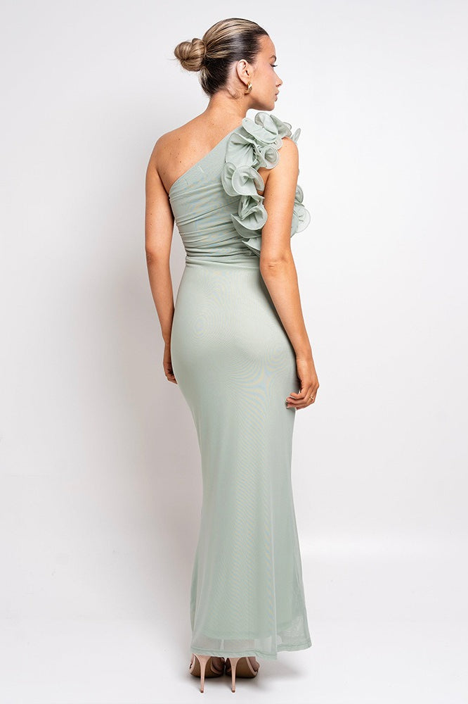 One Shoulder 3D Floral Cut Out Ruched Bodycon Maxi Dress - View 10