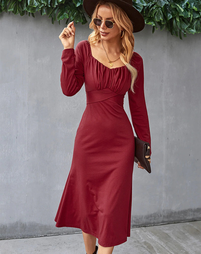 Square Neck Long Sleeve Ruched Fit and Flare Midi Dress 5