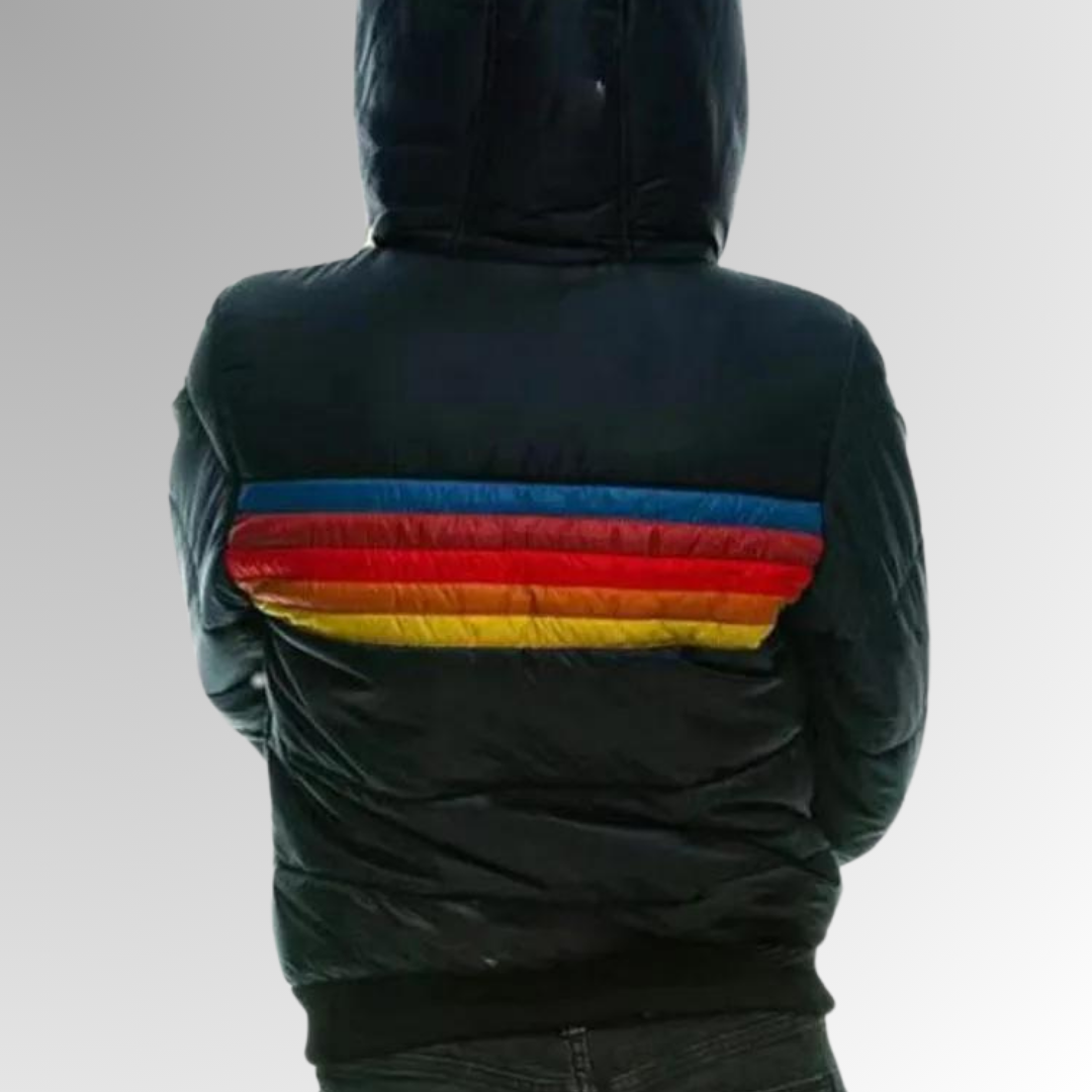 Hooded Zip Front Striped Panel Puffer Jacket 7