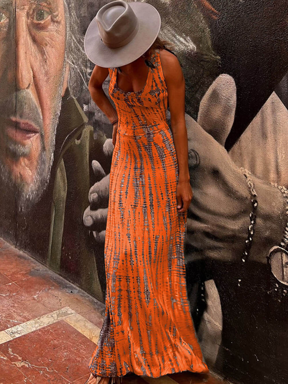Tie - dye Print Back Lace - up Stretch Maxi Dress - View 7