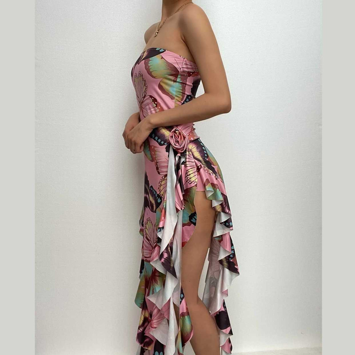 Butterfly print ruffle ribbon flower applique contrast maxi dress - View 10