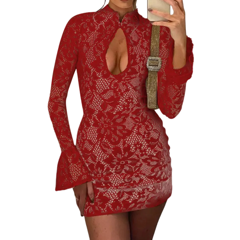 Lace Mock Neck Keyhole Cut Out Long Sleeve Bodycon Mini Dress 5