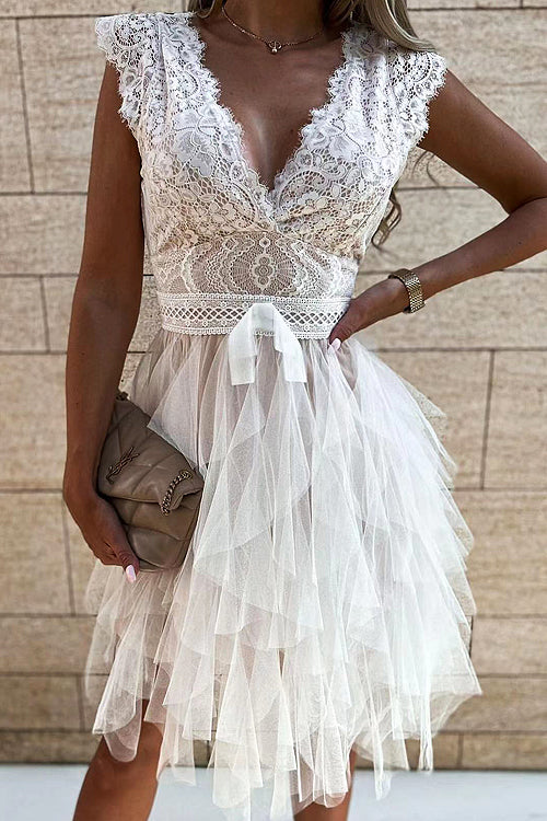 Lace Bodice V-Neck Cap Sleeve Tie Waist Tiered Tulle Mini Dress