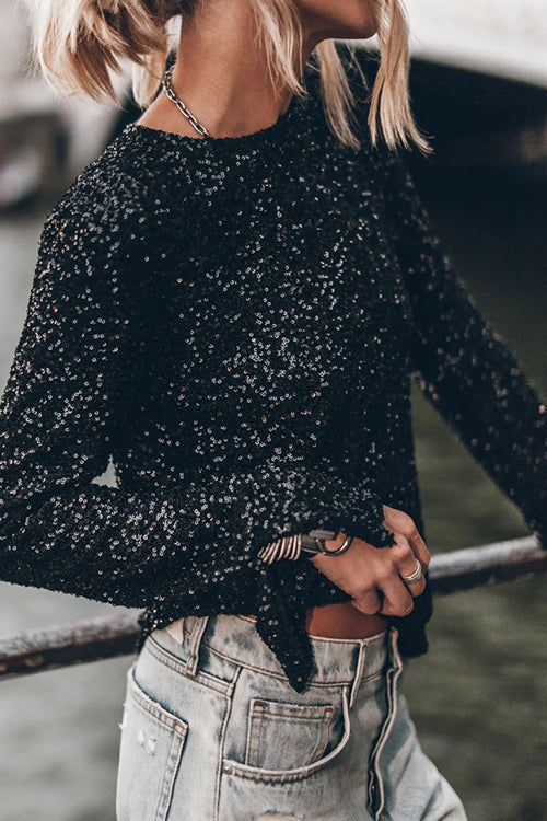 Sequin Round Neck Long Sleeve Mini Party Dress - View 12