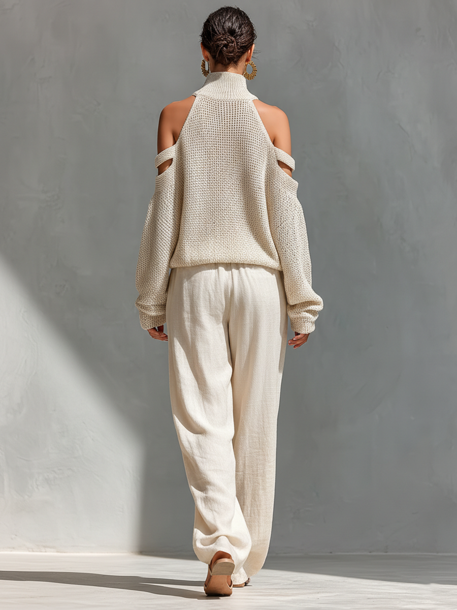 Cold Shoulder Turtleneck Knit Top and Wide Leg Pants Two Piece Set 2